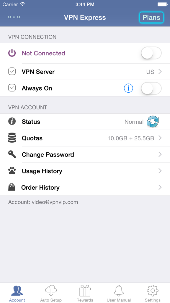 VPN Express - Free Mobile VPN - Screenshot des VPN Express Kontoeinstellungen-Bildschirms unter iOS, der den VPN-Verbindungsstatus und die Datentarife anzeigt