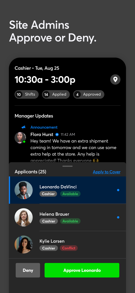 Shyft - Shift Swap, Schedule - Eine Manager-Oberfläche in der Shyft-App, die Schichtdetails und Optionen zur Genehmigung oder Ablehnung von Mitarbeiterbewerbungen anzeigt.