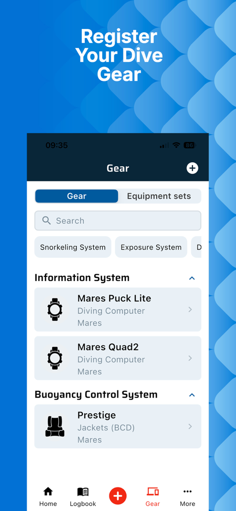Mares App - Mares app screen showing a digital inventory of registered diving computers and buoyancy control systems.