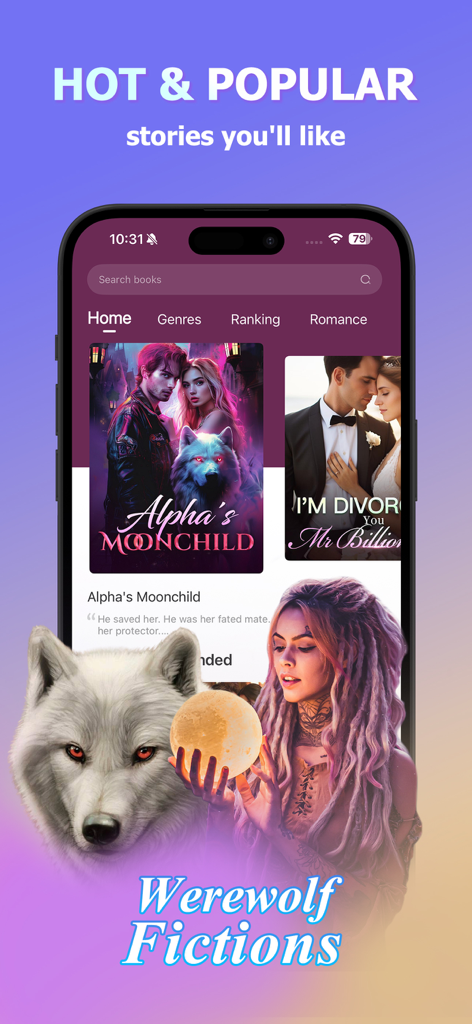 Leera - Reading Best Webnovels - Leera app interface displaying popular werewolf and billionaire romance stories