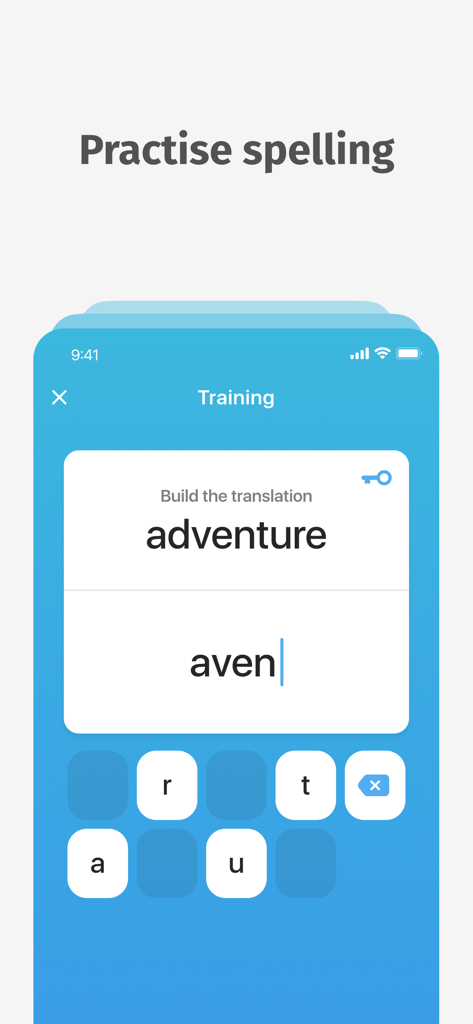 Rechtschreibübungs-Oberfläche in der Bright Spanish App, die eine Wortübersetzungsübung für das Wort 'pastel' anzeigt.