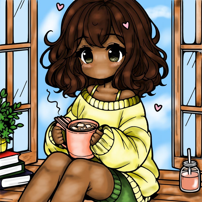 cute anime girl reading book and drinking hot chocolate from mug with loose wavy hair wearing a baggy sweatshirt and shorts sitting by windowsill looking out