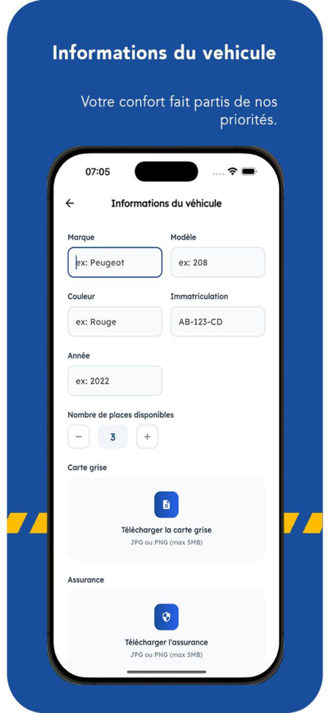4u-for you - Mobile application screen for entering vehicle information including make model and document uploads for registration and insurance.