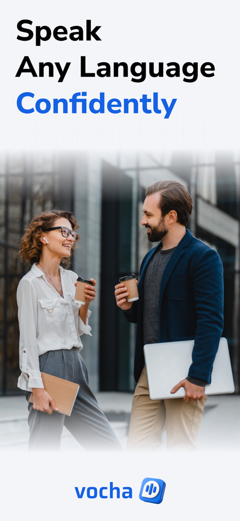 Vocha - Speaking Practice AI - Two young professionals talking confidently with the text Speak Any Language Confidently
