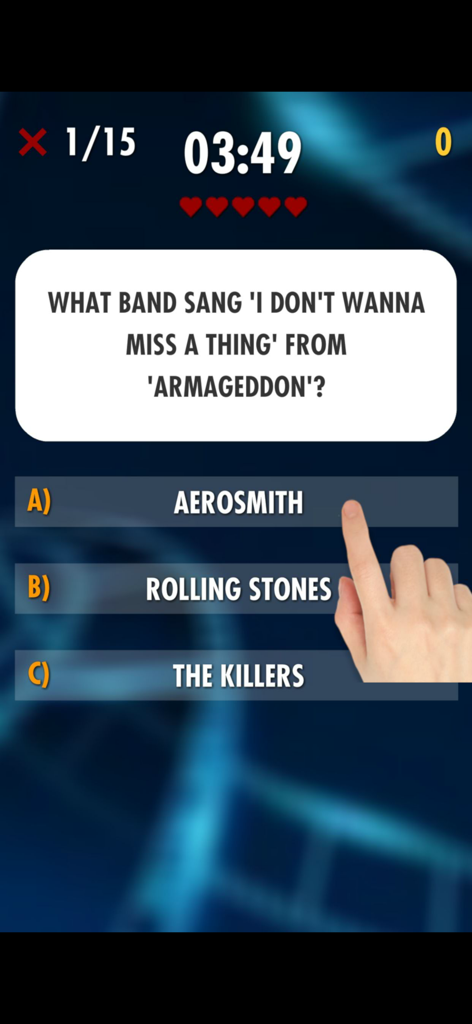 Ultimate Movie Quiz (2025) - A movie trivia question screen from the Ultimate Movie Quiz app asking about the soundtrack of the film Armageddon with multiple choice options.