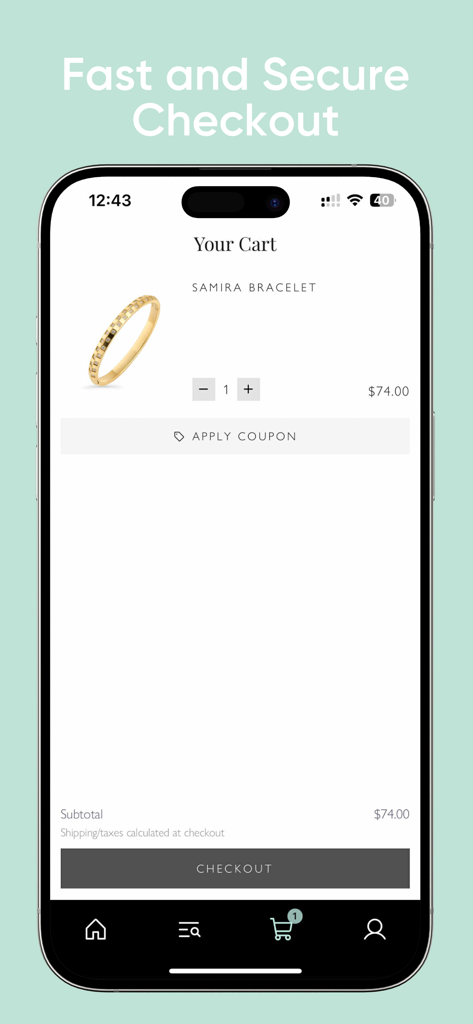 Mia Bijoux - Mia Bijoux app shopping cart showing a gold bracelet and secure checkout option
