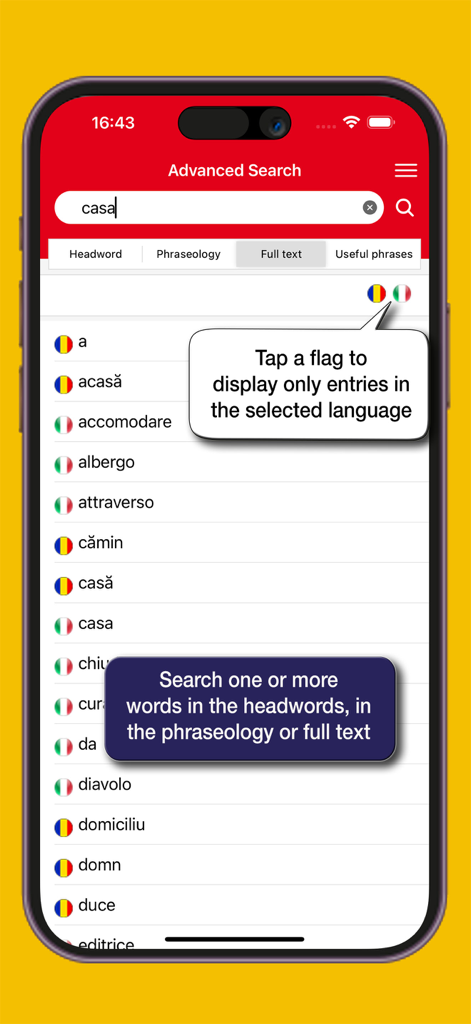 Hoepliルーマニア語辞書アプリの高度な検索インターフェースで、言語フィルターと「casa」という単語の検索結果が表示されている様子