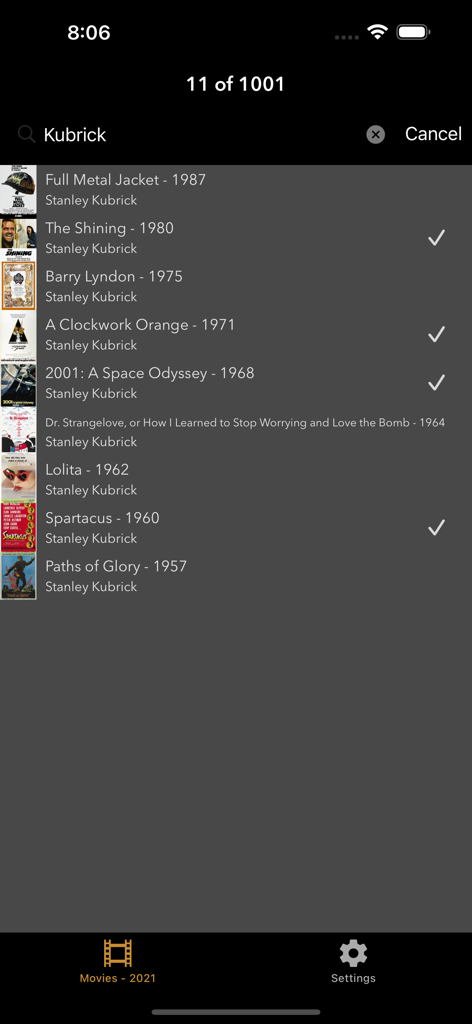Search results for director Stanley Kubrick in the 1001 Movies app checklist showing progress