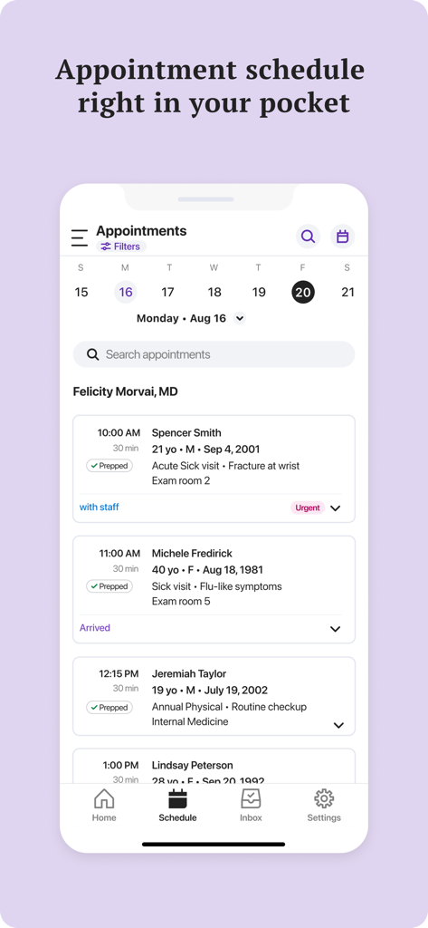 athenaOne - athenaOne mobile app displaying a healthcare provider daily appointment schedule with patient details.