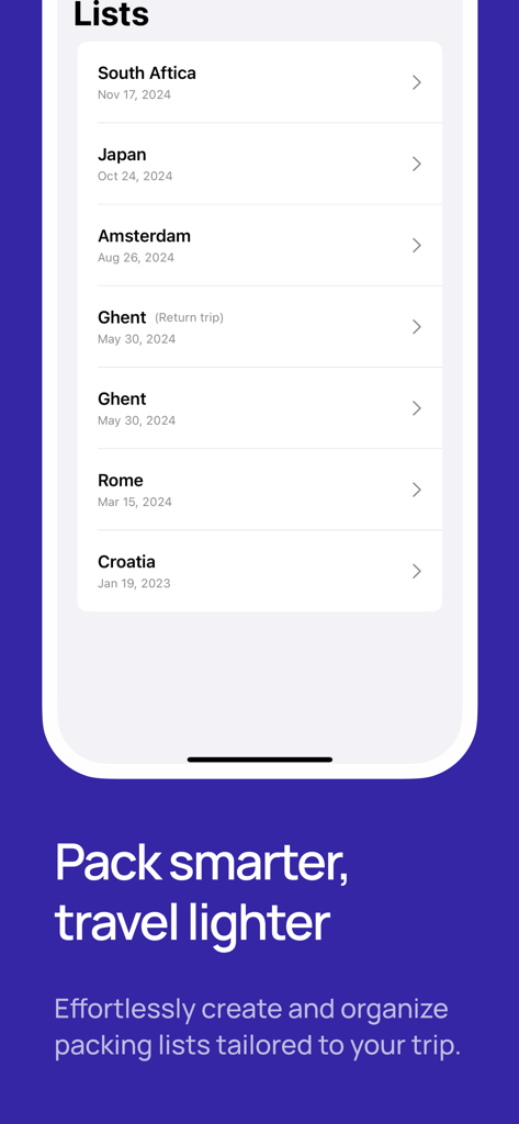 Packed Up: Smart packing - Mobile app interface of Packed Up showing organized travel packing lists for various international destinations.