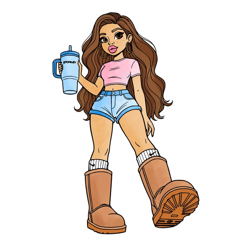 short girl with long wavy hair short shorts crop top wearing uggs and nike socks holding a stanley cup has earing and big lips she's short and really cute