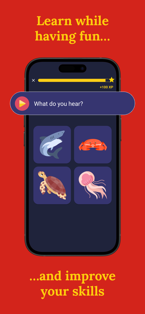 Learn Vietnamese (Beginners) - A gamified listening exercise in the Learn Vietnamese app where users identify sea animal vocabulary based on audio.