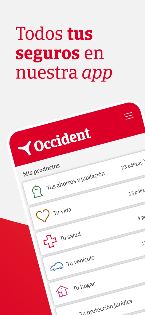 Pantalla de la app E-cliente Occident mostrando una lista de productos de seguro que incluyen vida, salud, vehículo y hogar.