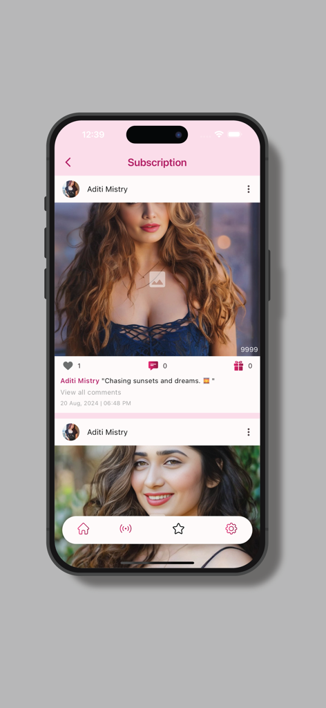 The subscription feed of the Aditi Mistry official app showing exclusive photos and interaction options.