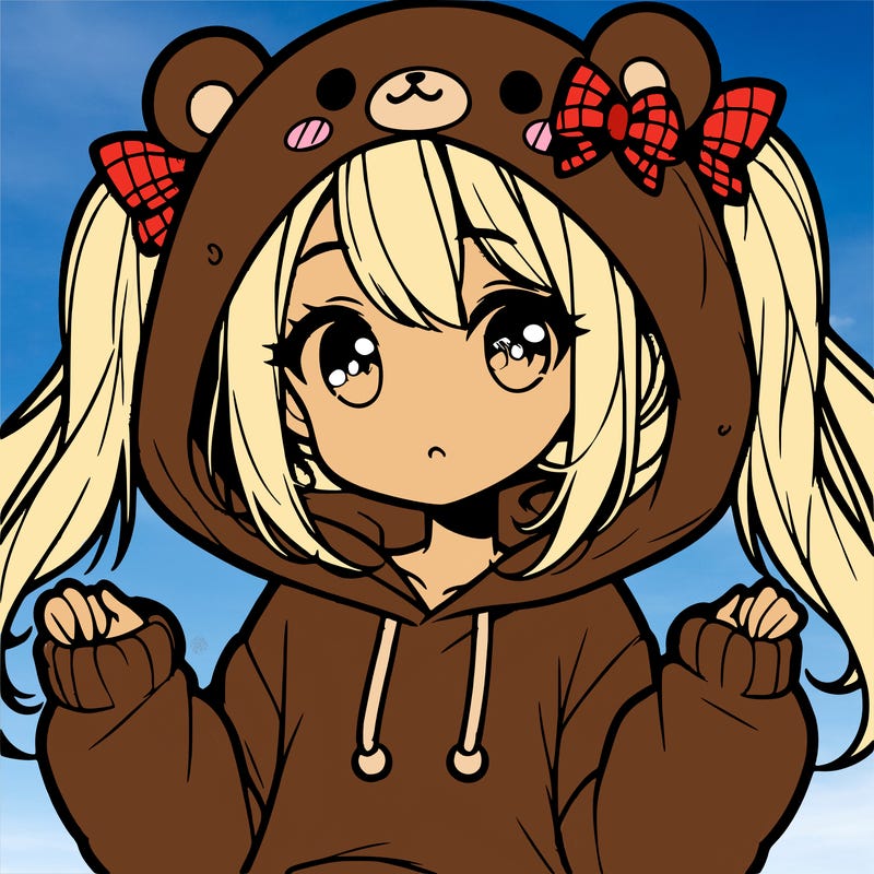 cute anime girl with ponytails and a cute bear hoodie
