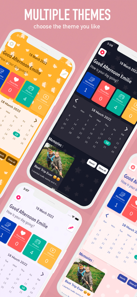 Secret Diary : with lock - Exhibición de múltiples temas estéticos que incluyen modo oscuro y patrones coloridos para la interfaz de la aplicación de diario secreto.