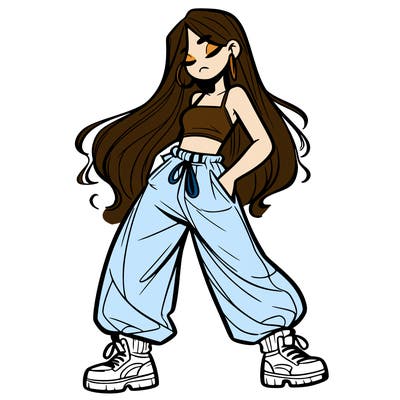 girl in baggy pants crop top and long hair