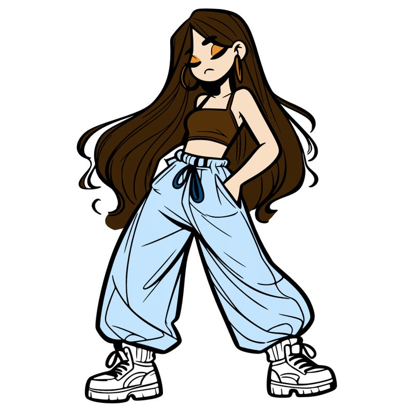 girl in baggy pants crop top and long hair