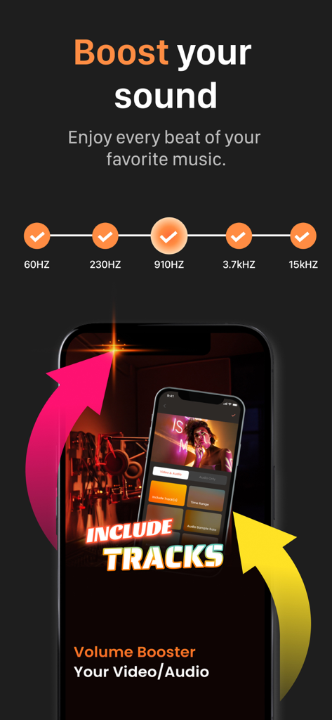 Amp Speaker Volume Booster app interface showing sound frequency equalizer and audio track settings for video and music.