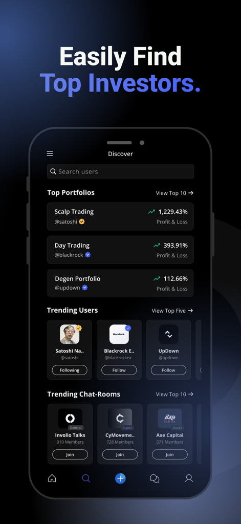 involio - Involio app discover screen showing top performing portfolios and trending investors