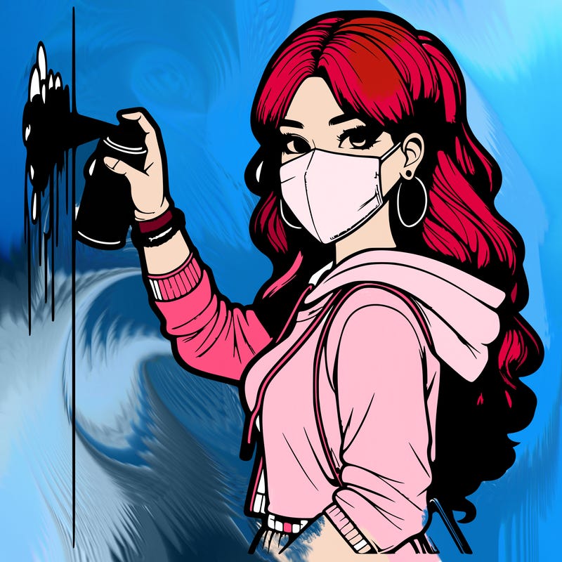 realistic girl with mask spray painting a wall