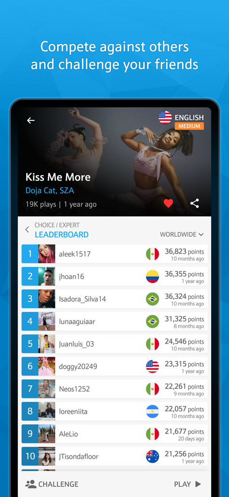 Una pantalla de aplicación móvil que muestra una tabla de clasificación global para una canción en LingoClip
