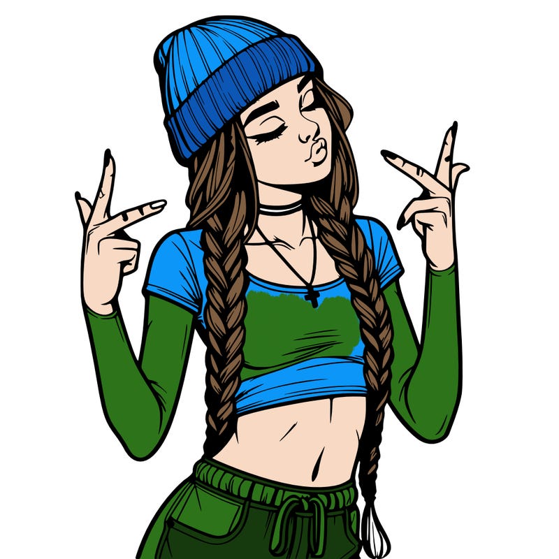 realistic teenage girl with braids and a beanie and crop top doing 🫶🏼