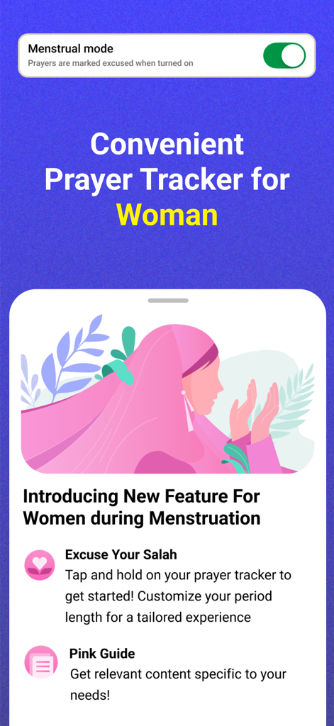 Athan: Prayer Times & Al Quran - Menstrual Mode feature in the Athan app for tracking excused prayers and accessing tailored religious content for women