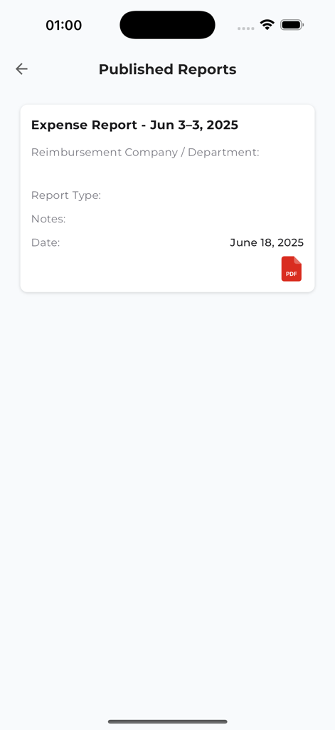 Écran de l'application mobile montrant une liste de rapports de dépenses publiés avec une option de téléchargement PDF.