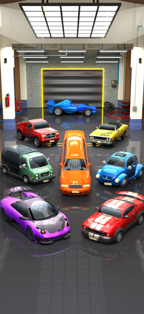 Una variedad de vehículos coloridos en 3D que incluyen coches deportivos, una limusina y una furgoneta expuestos en un garaje moderno.