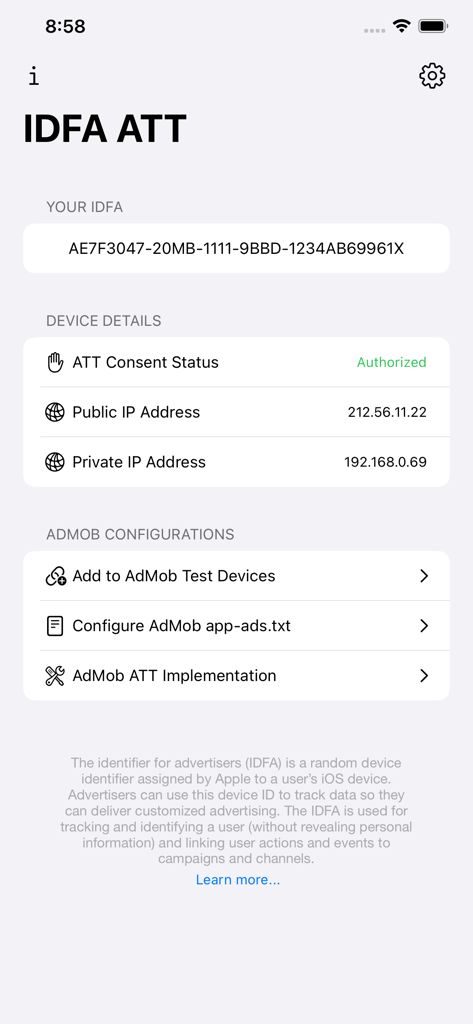 Interfaz de la aplicación IDFA ATT que muestra el IDFA del dispositivo, el estado de consentimiento de ATT y las opciones de configuración para desarrolladores de AdMob.