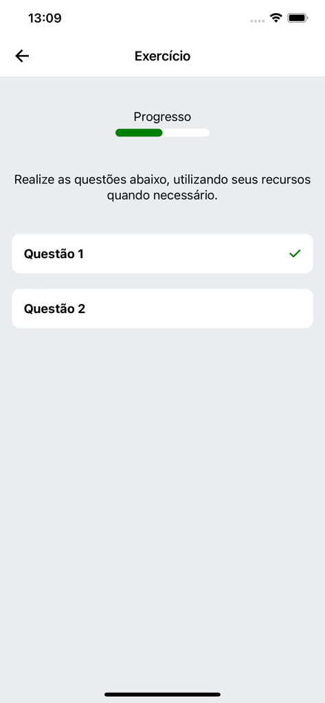 TrilhaEdu - TrilhaEdu app screen showing an exercise module with a progress bar and a list of completed and pending questions