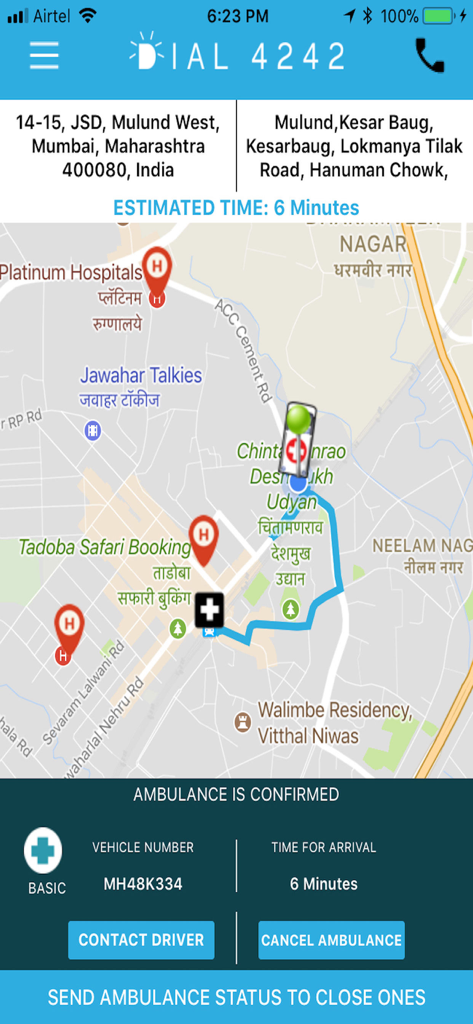 DIAL4242 - Interface of the DIAL4242 app displaying a map with a confirmed ambulance arrival time and vehicle number