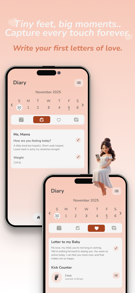 Pregnancy Tracker: Mama - Mama pregnancy tracker app interface showing diary entries mood tracking and letters to baby