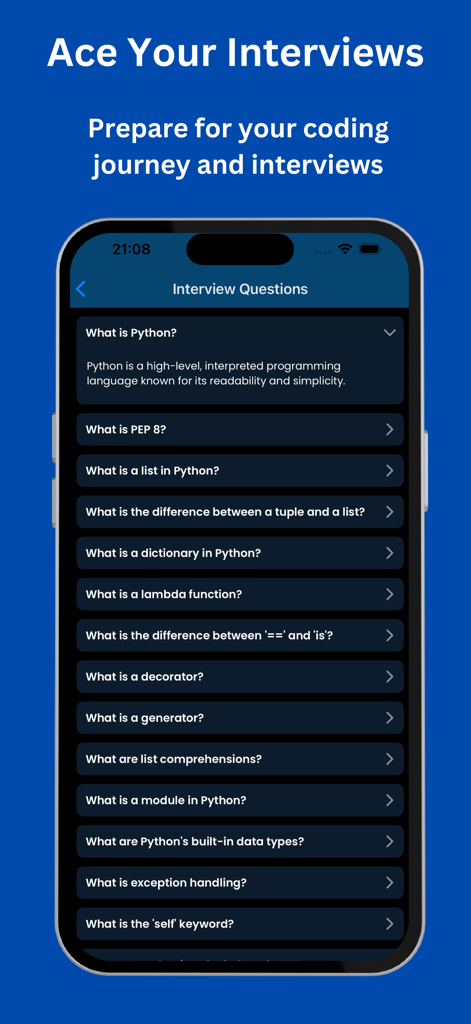 CoddyKit: Learn Coding with AI - A smartphone screen displaying various Python interview questions in the CoddyKit app for job preparation.