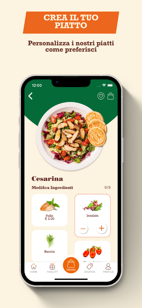 Dispensa Emilia - Pantalla de la aplicación móvil de Dispensa Emilia que muestra una función para personalizar los ingredientes de una ensalada llamada Cesarina