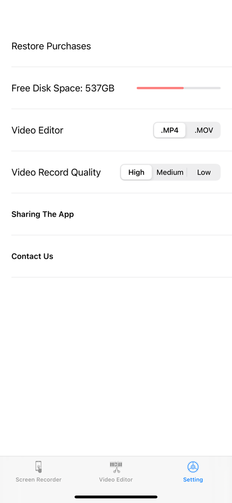 Screen Recorder,Screen Capture - Pagina delle impostazioni dell'app Screen Recorder che mostra le opzioni di qualità video e formato file