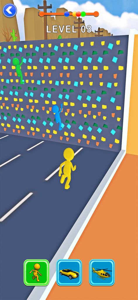 Un personaje de figura de palo amarillo corriendo hacia un obstáculo de pared de escalada en el juego móvil Shape Shifter