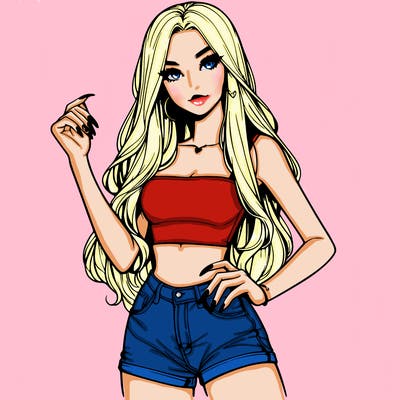 realistic pretty girl with long nails and wearing shorts and a crop top