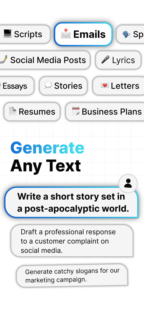 AI Chatbot Assistant - Chat - Screen showing AI chatbot options to generate emails social media posts and short stories