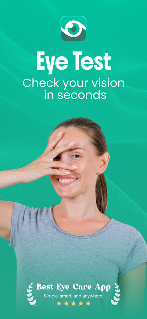 Eye Test: Check Your Vision - Mujer sonriente tapándose un ojo para una prueba de visión rápida con la aplicación Eye Test.