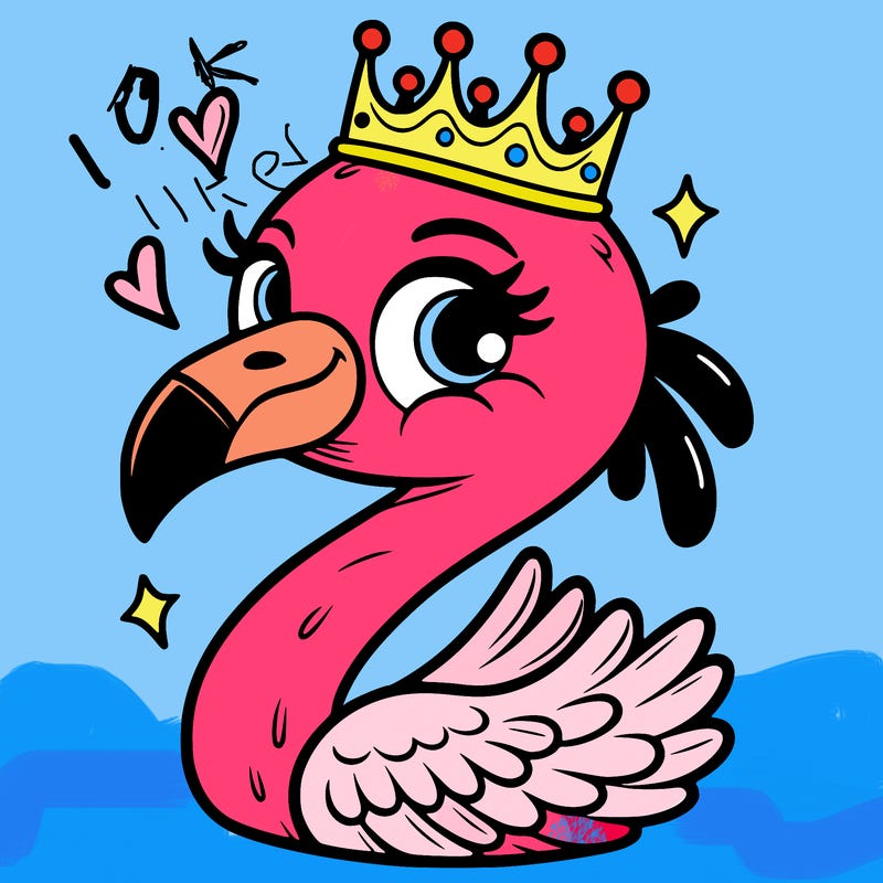 funny smiling flamingo with a crown around his neck