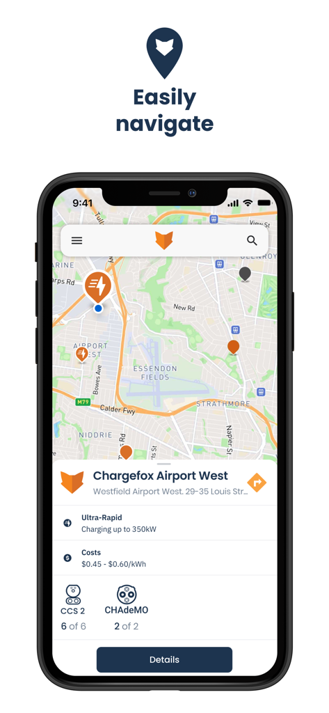 Chargefox: EV Charging Network - Interfaz de la app móvil Chargefox que muestra un mapa con ubicaciones de estaciones de recarga de vehículos eléctricos y detalles de disponibilidad.