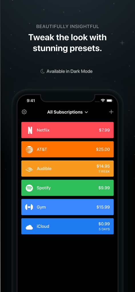 Screenshot of the Bobby app displaying subscription presets like Netflix and Spotify in a colorful dark mode interface.