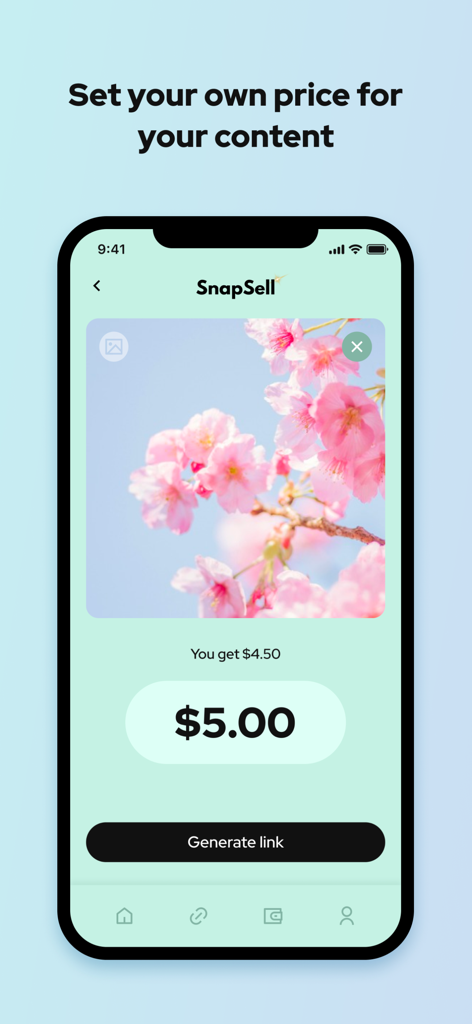 SnapSell app interface showing a creator setting a five dollar price for a photo of cherry blossoms to generate a sales link