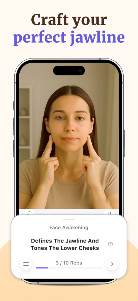 Yoga Facial Face Yoga Exercise - Woman performing a face yoga exercise to tone the jawline and lower cheeks on a mobile app