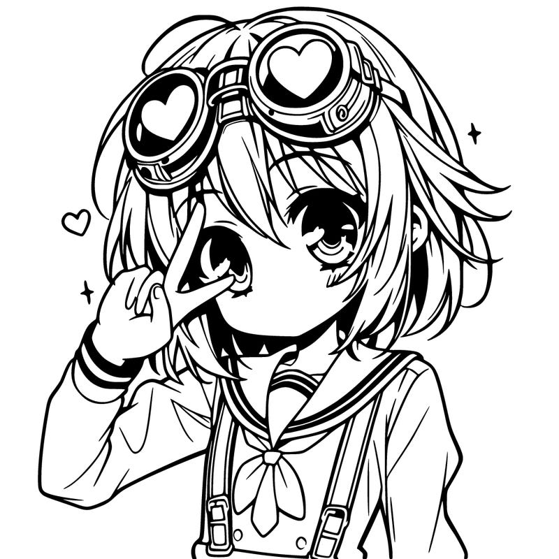 anime girl, heart goggles on head, one hand on goggles