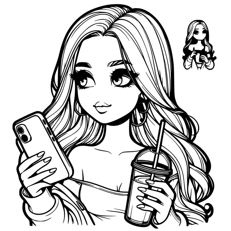 realistic girl holding phone and drinking a drink