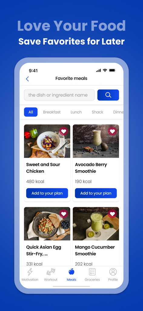 ML.Fitness Workout For Women - A mobile app interface displaying a collection of favorite healthy recipes with calorie counts and an add to plan button