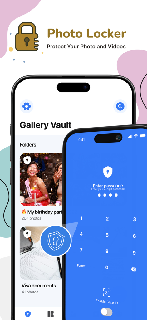 Gallery - Photo Vault - Interfaz de una aplicación móvil para Gallery Photo Vault que muestra carpetas de fotos privadas protegidas por un código numérico y Face ID.